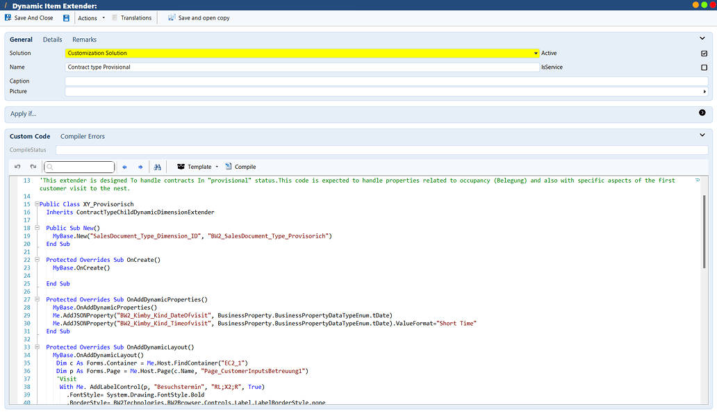 The Dynamic Item Extender showing a custom contract solution and its code