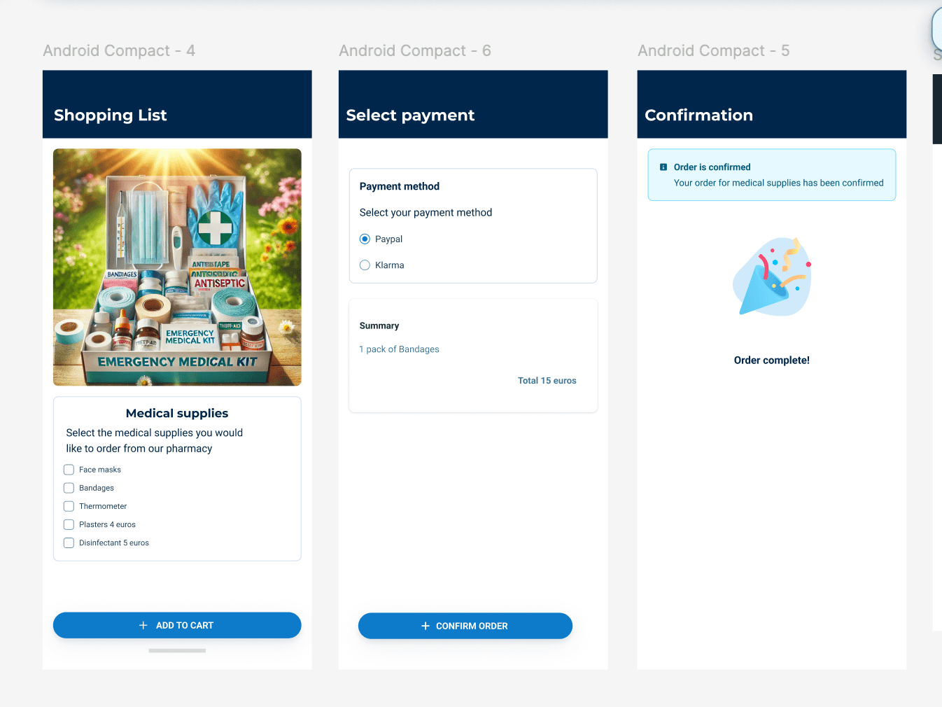 Mobile screens reviewed during design sessions: shopping list, payment, and order confirmation