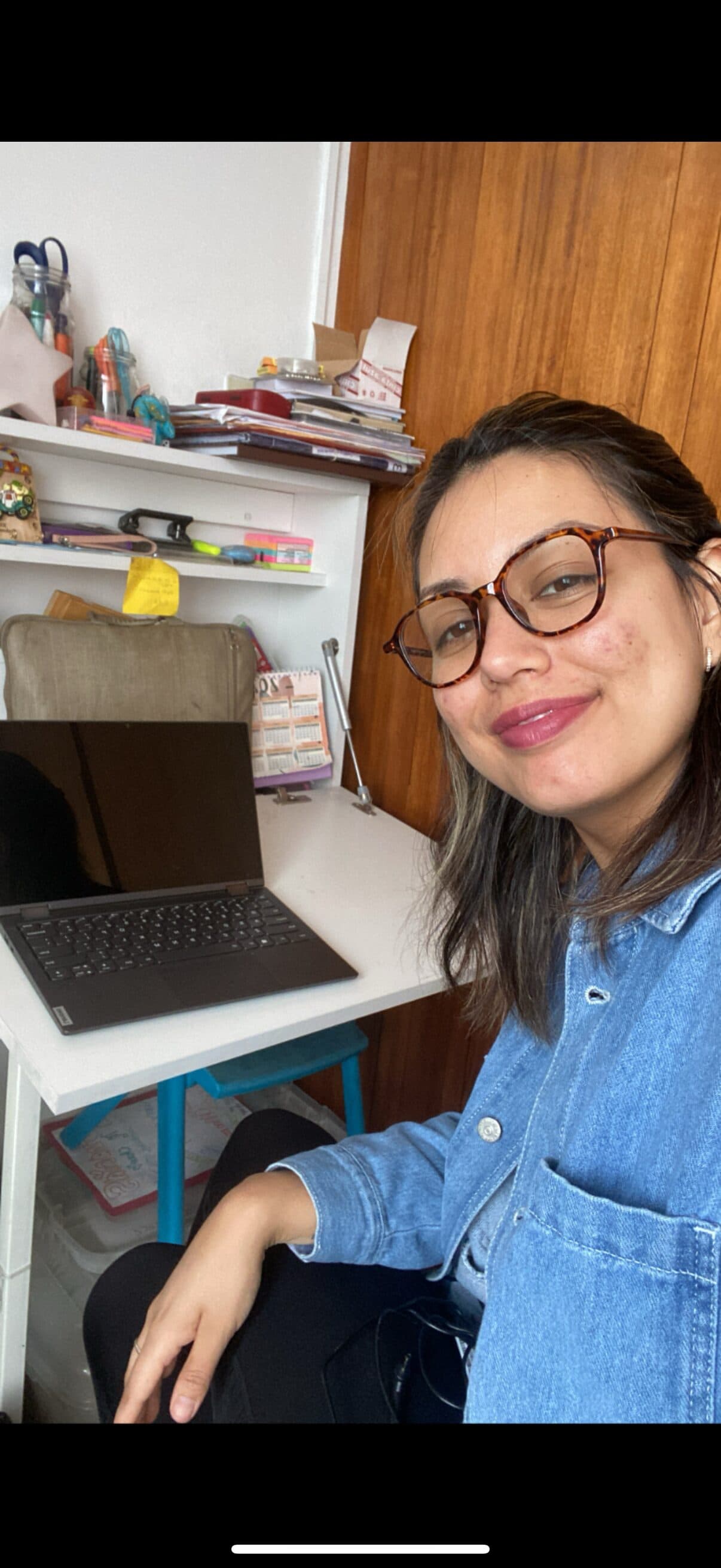 The therapist at her desk before an online session