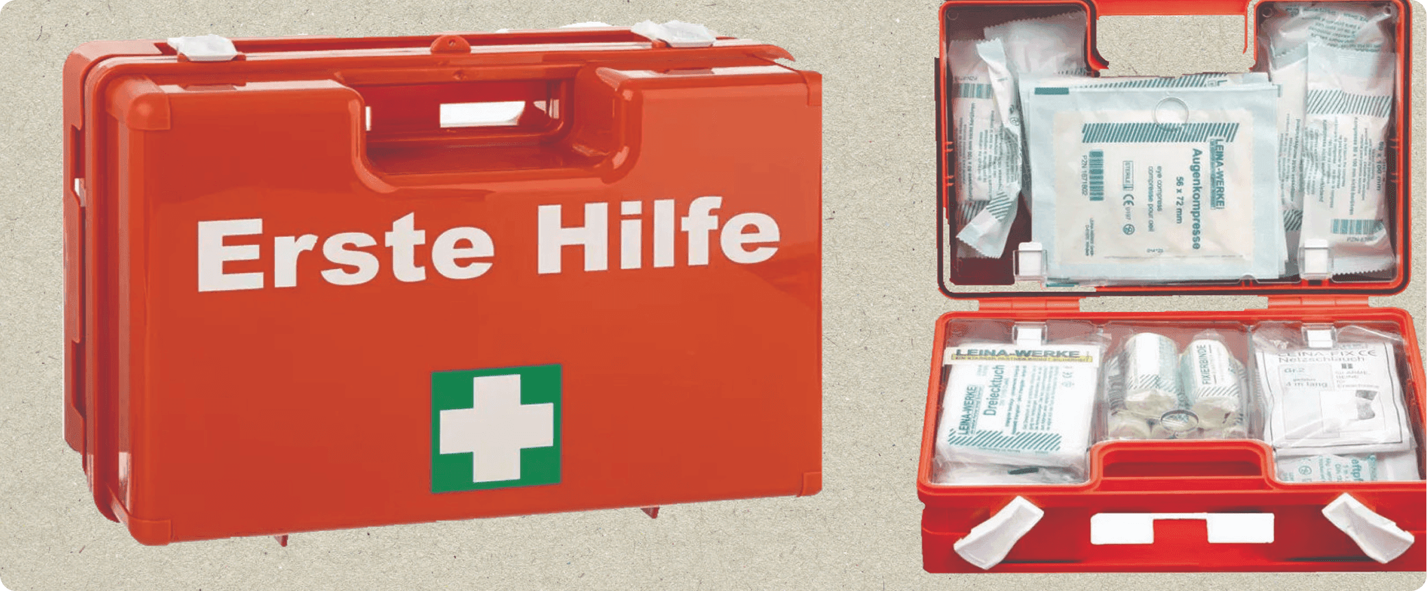 An open DIN 13169 "Erste Hilfe" first aid box showing its contents