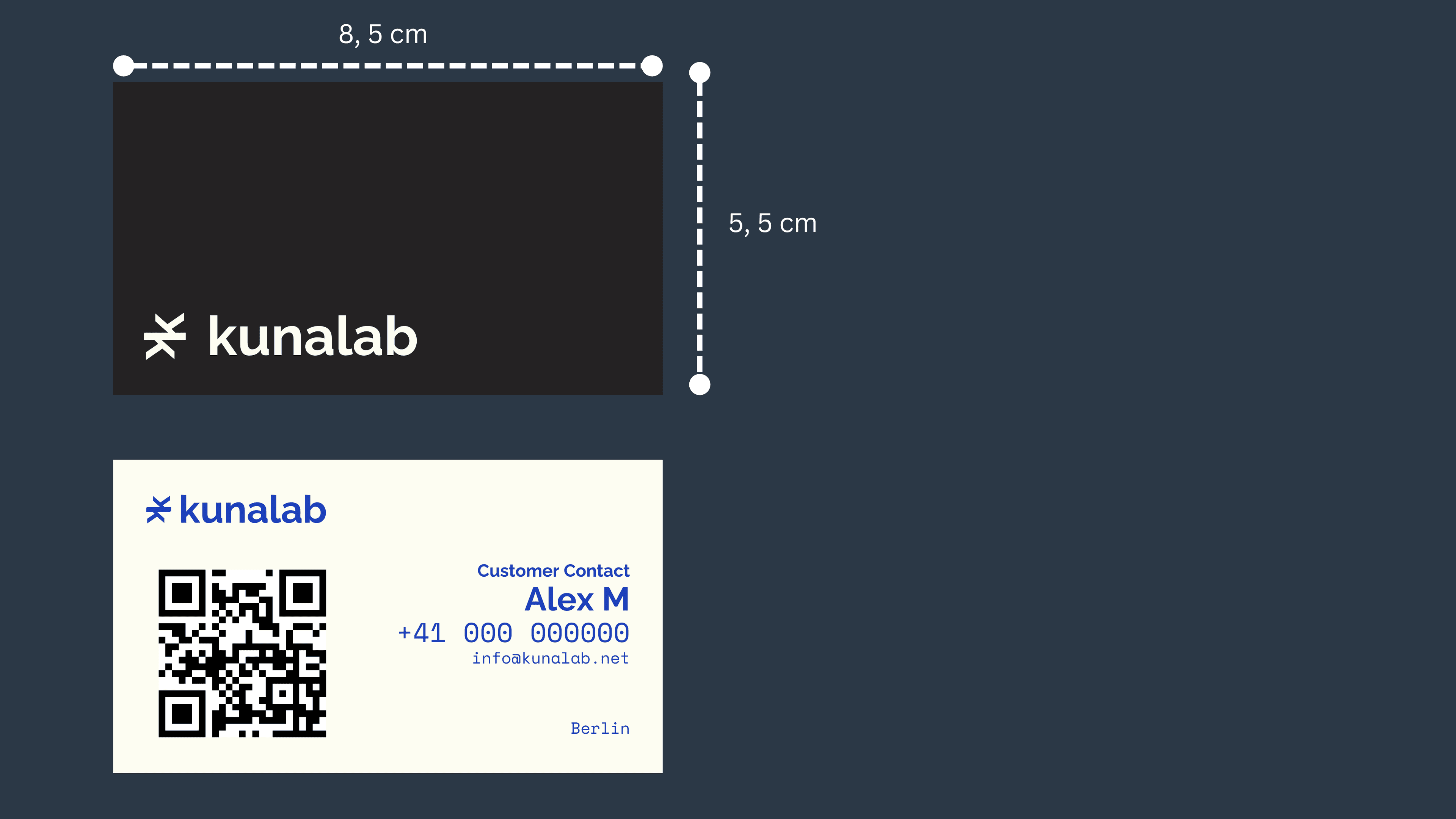 Business card specification showing the 8.5 x 5.5 cm format with logo and QR-code sides